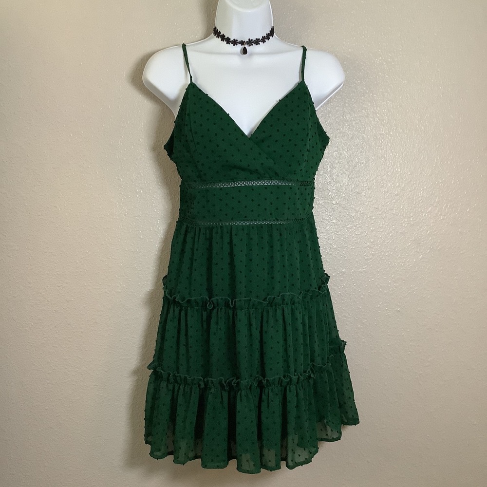 Forest Green Polka Dot Feminine Romantic Fairy Tiered Slip Babydoll Dress M